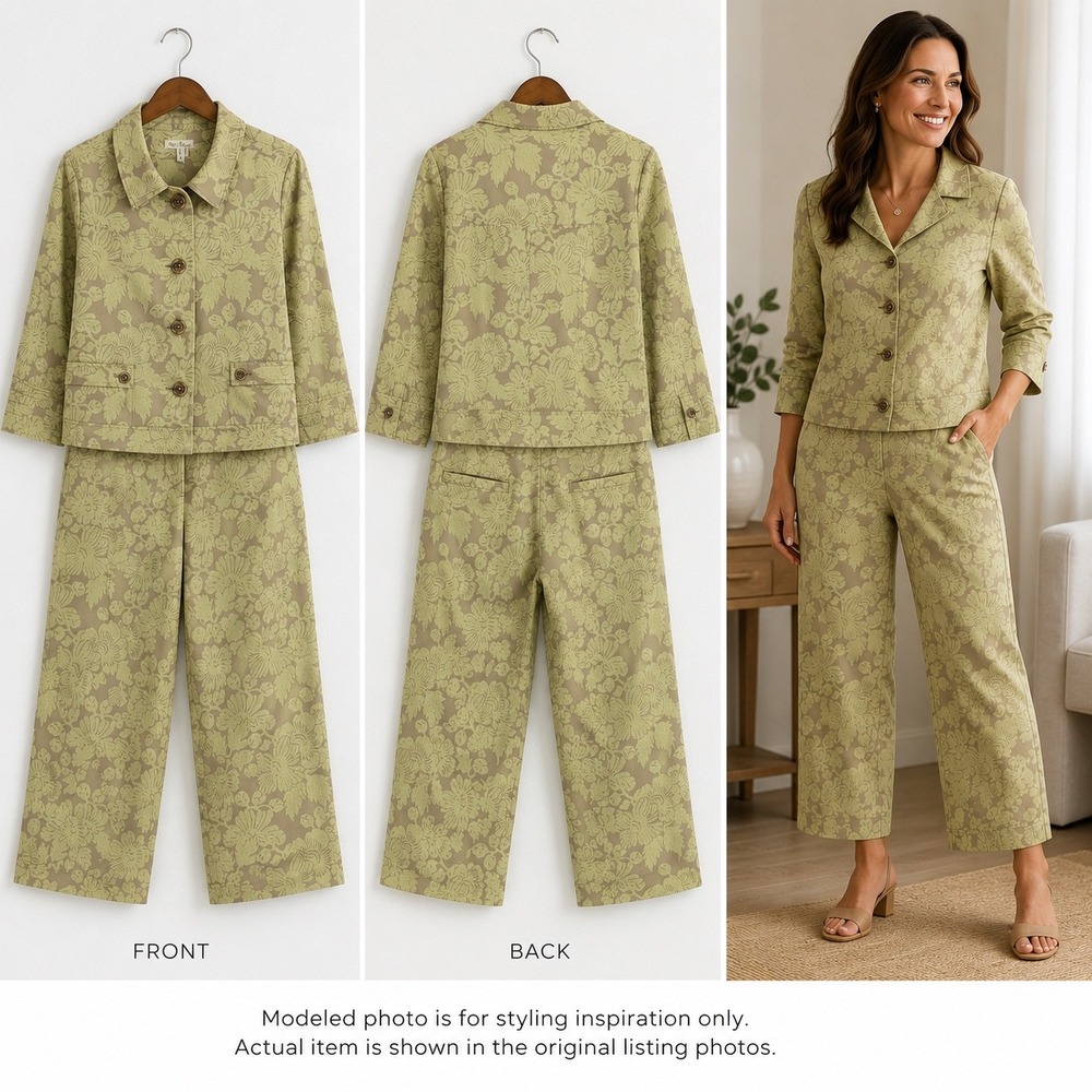 Nic + Zoe Womens Floral Jacquard 2 Piece Pant Suit Set Green Tan Size Medium